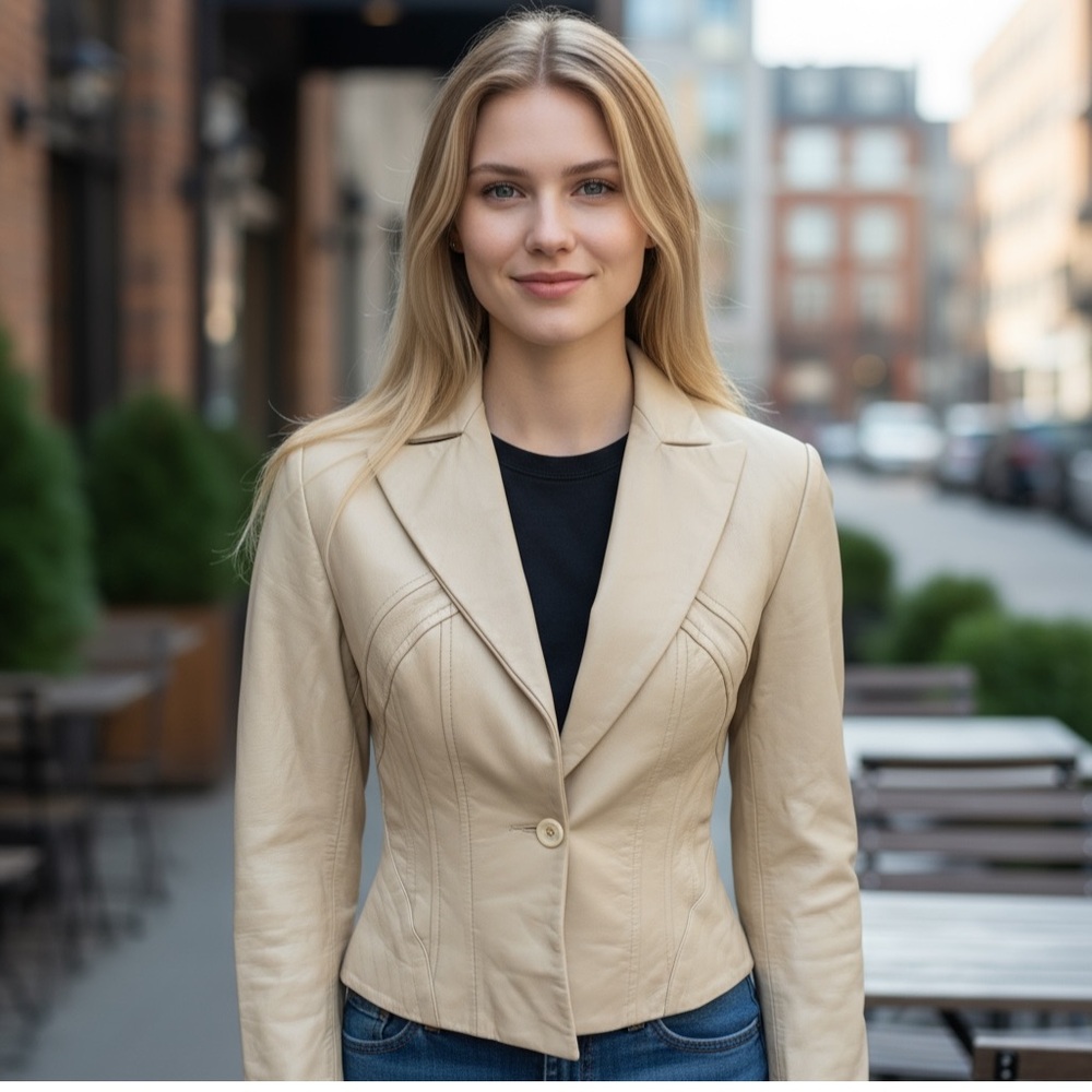 Cream women’s 100% Leather ZaBari blazer jacket, single button closure size 4
